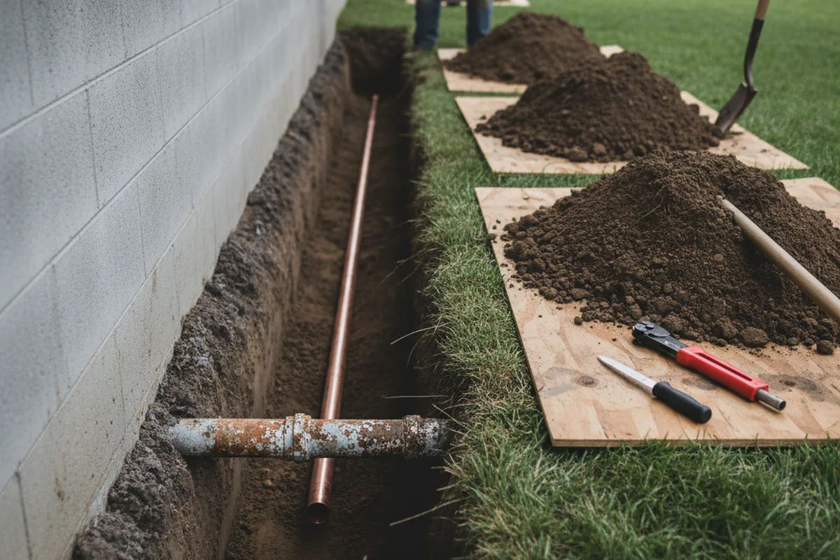 Excavated water line trench during Water Heater Repair in Walcott